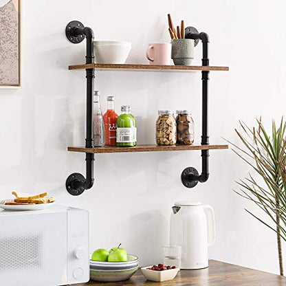 IBUYKE 2-Tiers Industrial Pipe Shelves, Pipe Floating Shelves RF-TM004 | Rustic Wall Mount Bookcase,Metal Bracket Storage Wall Shelf for Bedroom, Kitchen - size: 2 Tier