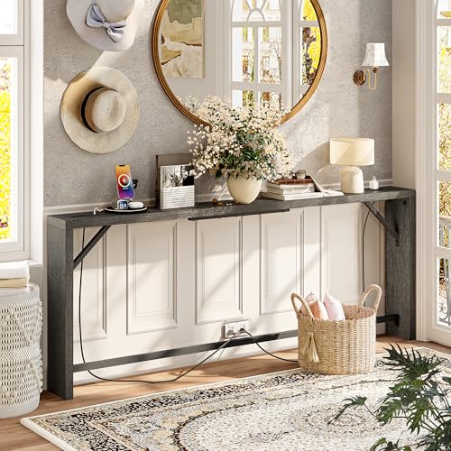 TIQLAB Sofa Table, 79 inch (1.2'' Thickness) Long Console Table Behind Couch, Narrow Entryway Table with Angled Metal Frame, Industrial Console Table, Black - color: Black, size: 79''L x 5.9''W x 31.5''H