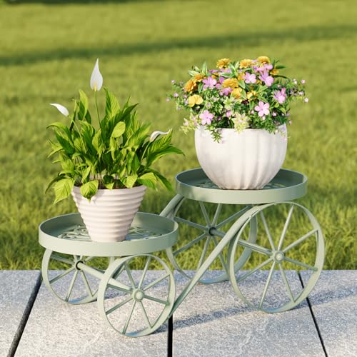 Cute Plant Stand Indoor Outdoor 2-Tier Metal Heavy Duty Flower Pot Holder with Decorative wagon wheels, Multi-Use Planter Display Rack Shelf for Garden Patio Balcony Living Room Corner (Mint green) - color: Mint Green