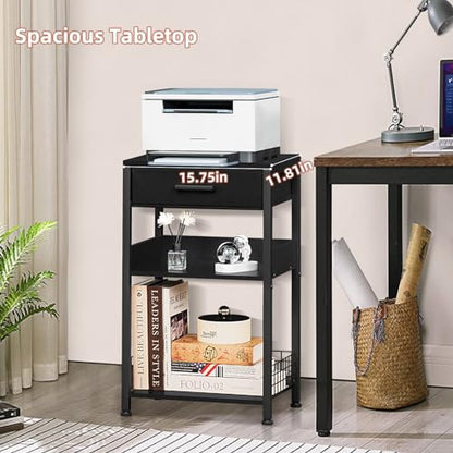 Lerliuo Pure Black Printer Table with Fabric Drawer,3 Tier Industrial Wood Printer Stand with Storage Shelf,Modern Tall End Table,Nightstand,Bed Side Tables for Scanner Fax Home Office Small Spaces - color: Pure Black