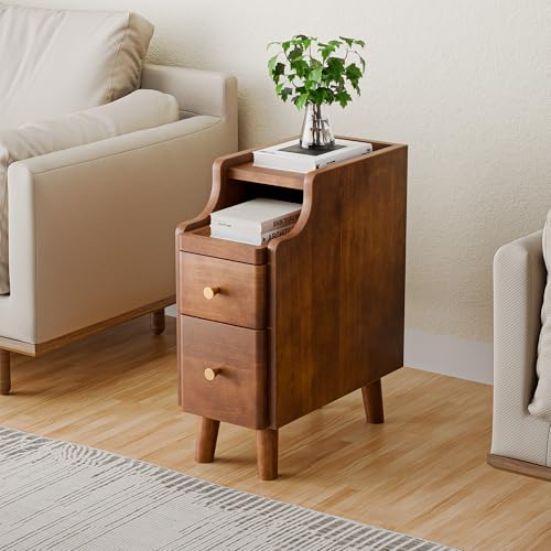 Nightstand with Drawers Set 2, Pre-Assembled, 19.7" H Natural Solid Wood Night Stand with Open Sliding Shelf, Mid Century Modern Small Bedside Table Cabinet for Bedroom, Walnut 8" - color: Walnut-2pack, size: 8"