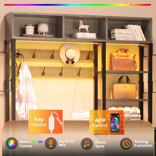 Itaar Hall Tree with Bench and Shoe Storage, 7-in-1 Entryway Bench with Coat Rack, 3 Storage Cubbies, 3 Open Shelves, 17 Coat Hooks, 2 Fabric Drawers (Oak Grey) - color: Oak Grey