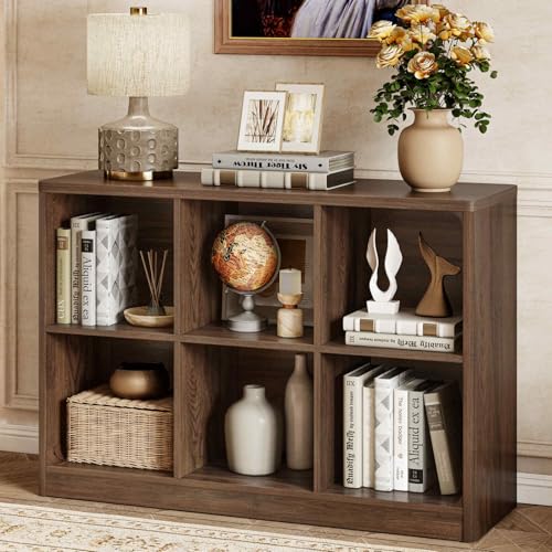 FATORRI 6 Cube Storage Bookcase, Rustic Wood Horizontal Bookshelf with Rounded Corners, Low Cube Organizer Shelf for Living Room, Bedroom, Office (Dark Walnut, 43 Inch) - color: Dark Walnut, size: 6 cube