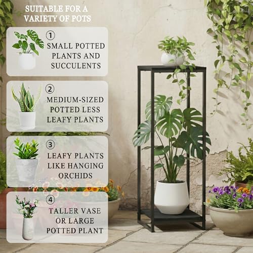 34" Tall 2-Tier Corner Plant Stand Indoor, Black | Functions as Flower Pots, Shelf, Decor Rack, Holder; Metal Frame with MDF Boards; for Living Room, Balcony; Modern Design