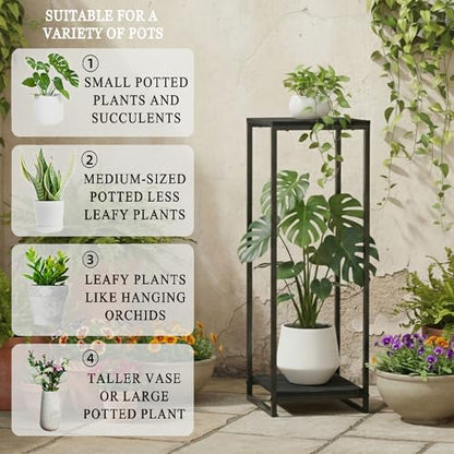 34" Tall 2-Tier Corner Plant Stand Indoor, Black | Functions as Flower Pots, Shelf, Decor Rack, Holder; Metal Frame with MDF Boards; for Living Room, Balcony; Modern Design