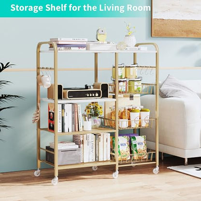 HapiRm Rolling Kitchen Microwave Cart - 4 Tier Microwave Table Stand with Pull-Out Baskets, Coffee Bar Baker's Rack with Wheels Rolling Storage Cart Organizer Shelf for Living Room Office, Balcony - color: Gold