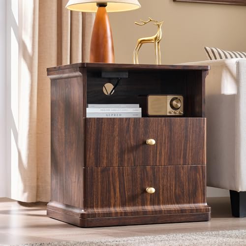 23.6" Tall Modern Nightstand with Charging Station, Wood Bedside Table w/2 Storage Drawers & Open Shelf, Mid Century Night Stand for Bedroom, Curved Waterfall Edge, Metal Handle, Dark Walnut - color: Dark Walnut, size: 2 Drawers