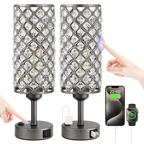 Hong-in Gray Crystal Lamp Touch Control Set of 2, Crystal Table Lamps with USB C+A Ports & AC Outlet, 3-Way Dimmable Nightstand Touch Lamp, Modern Bedside Table Lamp for Bedroom(Bulbs Included) - color: Gray