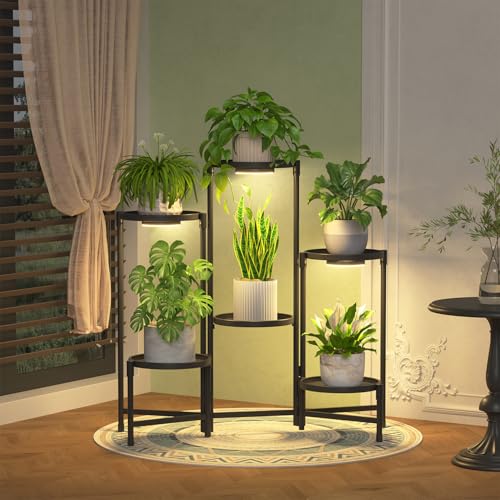 iDavosic.ly 6 Tier Large Plant Stand Indoor with Grow Light, Tiered Corner Metal Outdoor Flower Display Holder Shelf with 10 Inch Wide Tray, Folding Tall Rack for Patio Porch Living Room, Black - color: Black with Lights, size: 6 Tiers