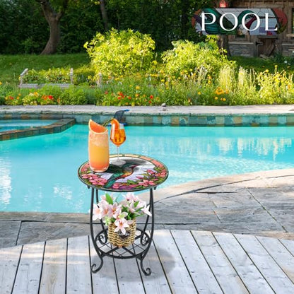 Cinnvoice Outdoor Side Table Round Small Mosaic Patio Accent Indoor End Plant Coffee Tea Table for Yard Patio Porch Garden Living Room, Bedroom(Hummingbird Style,12 Inch) - size: 12 Inch, style: Hummingbird Style