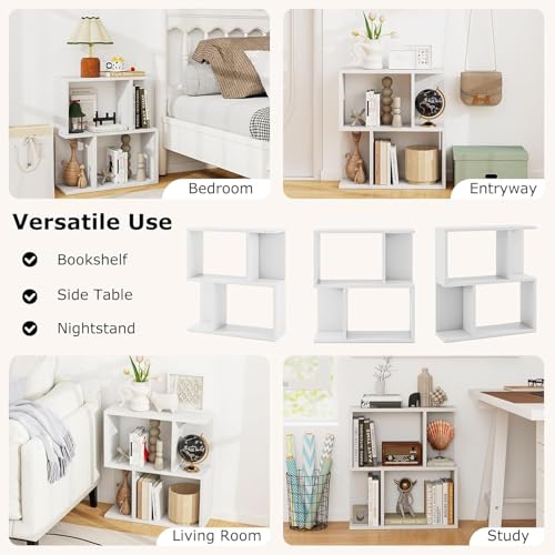 22’’ H Geometric Bookshelf, 2-Tier S-Shaped Floor Bookcase, Freestanding Open Display Book Shelf for Small Spaces, Low Side Table for Living Room & Bedroom (1, White) - color: White
