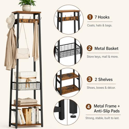 Coat Rack Freestanding, Coat Stand with Metal Basket and Storage Shelves, Hall Tree Free Standing with and 7 Hooks, Clothes Rack Stand Organizer, Rustic Brown and Black - color: Rustic Brown and Black, style: 2 Shelves + 1 Basket