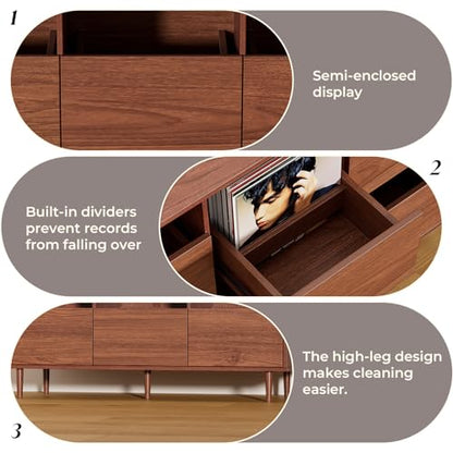 BROTTAR 47.2" Large Record Player Stand, 7“/10"/12" Vinyl Record Storage Cabinet, Mid Century Turntable Stand, Vinyl Record Holder, Media Cabinet with DVD Drawers for Living Room, Music Corner, Brown