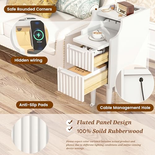 Fluted Narrow Nightstand with Charging Station, Solid Wood Night Stand with 2 Drawers, White Mid Century Modern Led Nightstand, Small Beside Table with Open Storage Shelf for Bedroom （10 inch） - color: White