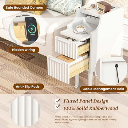 Fluted Narrow Nightstand with Charging Station, Solid Wood Night Stand with 2 Drawers, White Mid Century Modern Led Nightstand, Small Beside Table with Open Storage Shelf for Bedroom （10 inch） - color: White