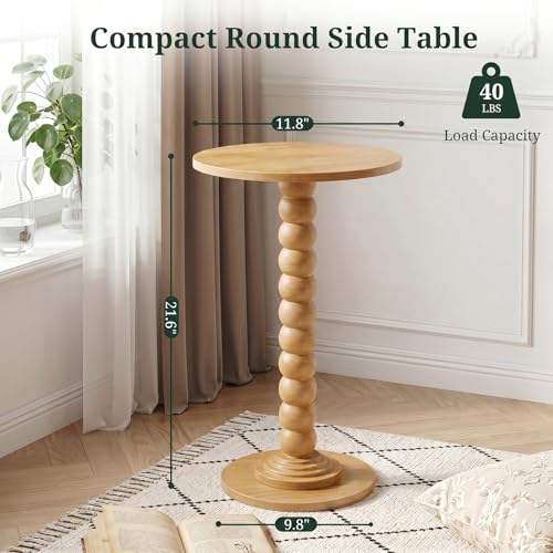 Round Side Table for Small Spaces, Modern Pedestal End Table with Solid Wood Spindle Leg, Small Drink Table Accent Nightstand for Living Room, Bedroom, Sofa Side, Apartment & Office, Wood - color: Wood