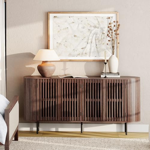 WAMPAT 64.4" Fluted TV Stand, Wood Entertainment Center for TVs Up to 70 inches, Curved Edge Media Console Table with Doors and Shelves for Living Room, Bedroom, Walnut - color: Walnut