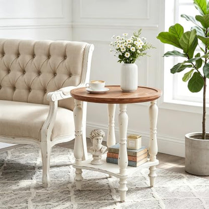 BERRYMERRY 18.5" 2-Tier French Country End Table with Tray Top, White Round Side Table for Living Room Small Spaces, No Tool Assembly - color: Tray Top 1pc