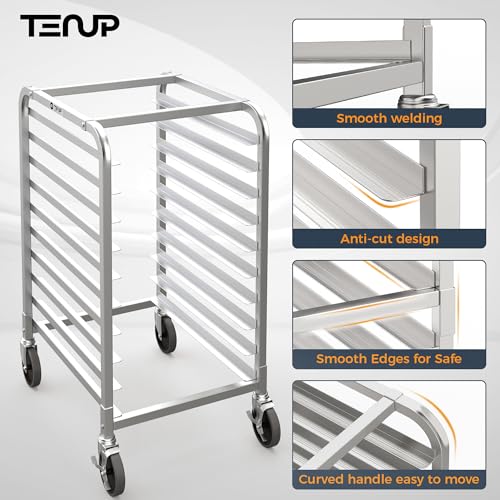 TenUp 10-Tier NSF Aluminum Sheet Pan Rack, Commercial Bakery Cooling & Storage Cart with Wheels, Heavy-Duty Bun Rack – 26" L x 20" W x 38" H - size: Full Size 10-Tier