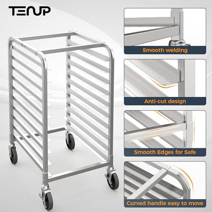 TenUp 10-Tier NSF Aluminum Sheet Pan Rack, Commercial Bakery Cooling & Storage Cart with Wheels, Heavy-Duty Bun Rack – 26" L x 20" W x 38" H - size: Full Size 10-Tier