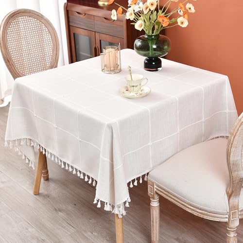 Plaid Farmhouse Tablecloth Checkered Cotton Linen Heavy Weight Table Covers Square 70x70 Inch - color: Off-white, size: 70" x 70" (Square)