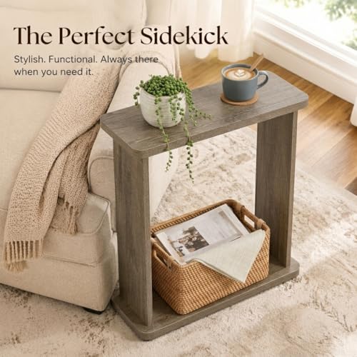 Narrow Side Table for Small Spaces, 7.9" Slim End Table with 2-Tier Open Storage Shelf, Modern Skinny Wood Sofa Table for Living Room, Bedroom, Nightstand, Couch (Oak) - color: Oak
