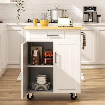 SUNLEI Rolling Kitchen Island Cart with Storage & Drawer – 26" Portable Kitchen Cart with Lockable Wheels, Towel Rack & Open Shelves for Kitchen, Dining Room, Living Room(White) - size: 26-IN