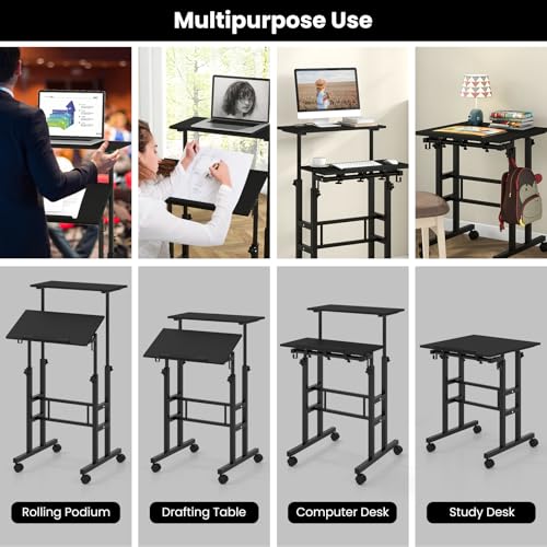Tangkula Mobile Standing Desk, Height-Adjustable Laptop Podium Cart with Tilting Tabletop & Adjustable Angle, Rolling Stand Up Computer Desk with 2 Hanging Hooks & Lockable Casters for Home Office - color: Black