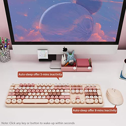 KOOTOP Wireless Keyboard and Mouse, Cute Keyboard and Mouse Combo with Retro Round Keycap, 2.4G Connectivity for PC, Mac, Laptop, Computer Windows (Milk Tea) - color: 3 Milk Tea