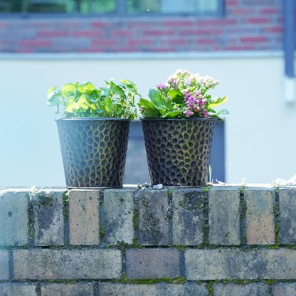 6in Metal Copper Planter Set of 2, Hammered Plant Pots 6" H×7" W, Built-in Tray & Inner Pots, Use as Vase/Candle Holder/Christmas Decor, Includes Pebbles, for Indoor/Outdoor Plants