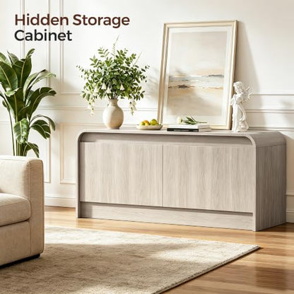 Homleke Modern Curved Entryway Shoe Storage Bench | 39.4" Wooden Shoe Cabinet with Doors, Hidden Handle Design, Holds 8 Pairs, for Bedroom & Living Room, Light Gray Oak