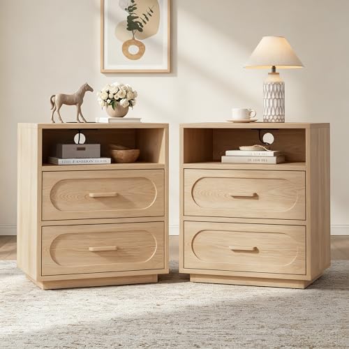 YANSNWO Natural Nightstand Set of 2 with Charging Station, 21.7" Modern End Table with 2 Drawers Storage, Open Shelf, Mid Century Bedside Table with Unique Base Design for Bedroom, Living Room - color: Natural, size: 15.7"D x 21.7"W x 25.8"H (2 Drawers/2