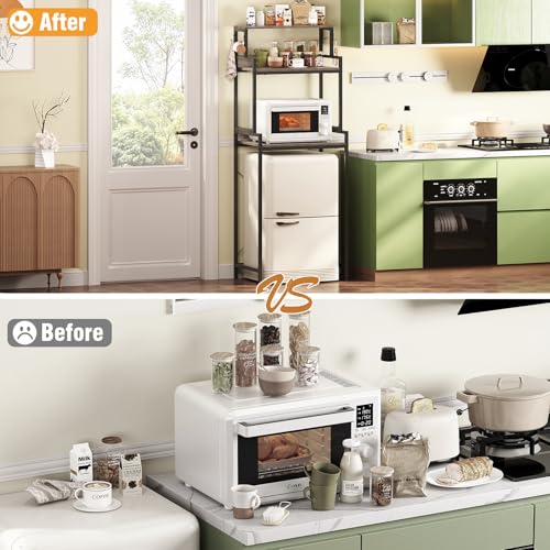 Espelism 3-Tier Kitchen Bakers Rack with Adjustable Shelves, Freestanding Kitchen Microwave Stand with Storage, Split Design Coffee Bar Shelf for Home Office (Black Oak, 25.6") - color: Black Oak