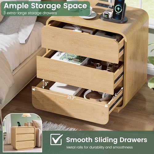 Standifurno 3 Drawers Nightstand with Charging Station, Modern Wood 25" Tall Curved Night Stand, Large End Table Bedside Table for Bedroom, Office, Sofa, Natural - color: Natural, size: 3 Drawers (1PC)