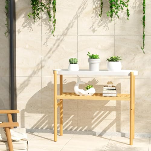 Wisuce Bamboo Plant Stands Indoor, 2 Tier Steel Tray Tall Corner Plant Stand Holder & Plant Display Rack for Outdoor Garden Indoor Home (1 - 2 Tier)