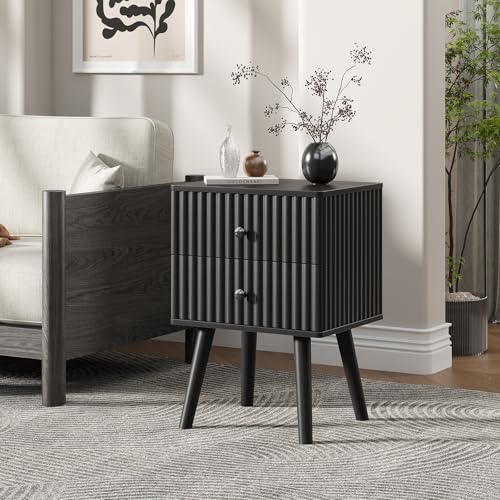 Wooden Nightstand with 2 Drawers, Fluted Night Stand Set of 2, Morden Side Table for Bedroom, Living Room and Small Space, Black