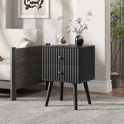 Wooden Nightstand with 2 Drawers, Fluted Night Stand Set of 2, Morden Side Table for Bedroom, Living Room and Small Space, Black