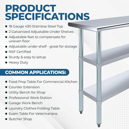 Stainless Steel Work Table with Double Undershelf – Compact Commercial Prep Table for Kitchen, Bakery, Restaurant – NSF Certified (14 x 24) - size: 14x24