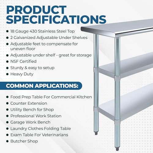 Stainless Steel Work Table with Double Undershelf – Commercial Utility Prep Table for Kitchen, Restaurant, Bakery – NSF Certified (24 x 18) - size: 24 x 18