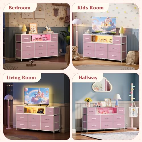 WLIVE Dresser TV Stand for 45, 50, 55 inch TV, Entertainment Center with LED Lights & Charging Station, Chest of Drawers with 8 Fabric Drawers and Open Shelves for Living Room, Hallway, A-Pink - color: A-pink