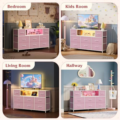 WLIVE Dresser TV Stand for 45, 50, 55 inch TV, Entertainment Center with LED Lights & Charging Station, Chest of Drawers with 8 Fabric Drawers and Open Shelves for Living Room, Hallway, A-Pink - color: A-pink