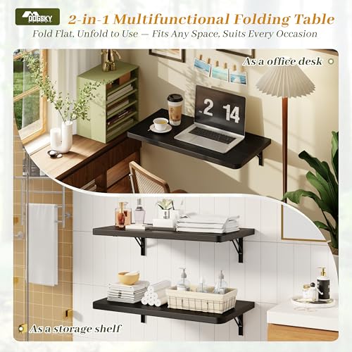 Dogsky 24" x 14" Floating Wall Desk, Fold Down Wall Table - 100 lbs Heavy Duty Solid Pine Wall Mount Folding Desk for Home Office, Laundry Room, Kitchen & Small Apartment, Black - color: Black, size: 24'' x 13.7'' x 6.3''
