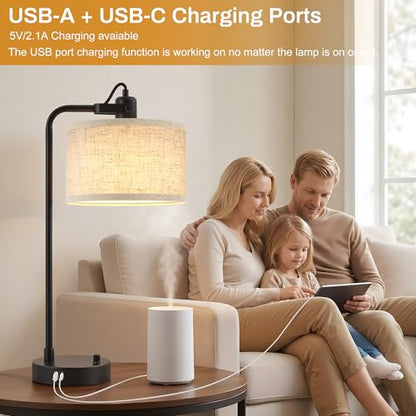 Black Table Lamp Set of 2 with USB A and C Ports, 180° Adjustable Stepless Dimming Bedside Lamps for Night Stands, E26 LED Bulb Included, Industrial Desk Lamps for Home Office, Bare Bulb Compatible - color: Black-A