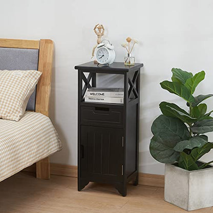 Assembled 30in Height Nightstand, Pre- Assembled Bathroom Floor Cabinet with Shelf and Storage Drawer, Black Tall End Table No Assembly Chest for Living Room Bedroom - color: Black
