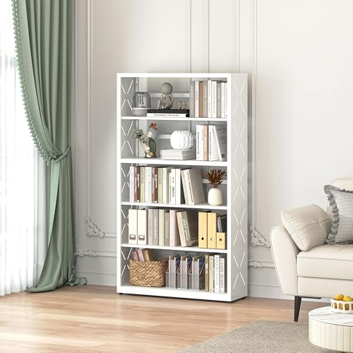 Polup Metal Bookshelf, 5 Tier Wide Bookcase with Adjustable Shelves, Tall White Book Shelf with Bookends, Large Display Shelves for Living Room, Home Office, Library - color: White, size: 5 Tier-31" W