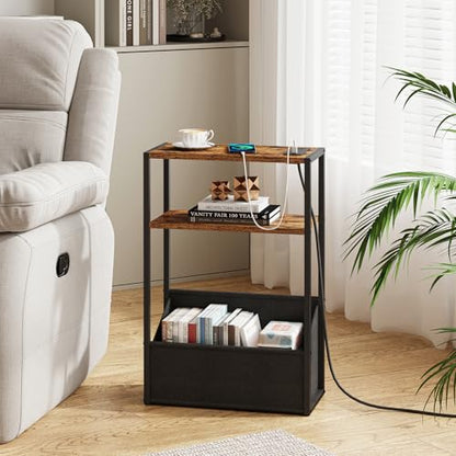 TUTOTAK Keep Phones Charged & Books Organized with Slim 3-Tier Side Table with Charging Station for Living Room Bedroom TB01BB095 - color: Brown