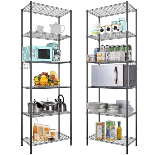 Himimi 6 Tier Storage Shelf Wire Shelving Unit Adjustable Rack Free Standing Organization with Leveling Feet, Stainless Side Hooks for Laundry Bathroom Kitchen Pantry Closet,2-Pack Shelves,Black - color: Black 2-pack, size: 2 Pack