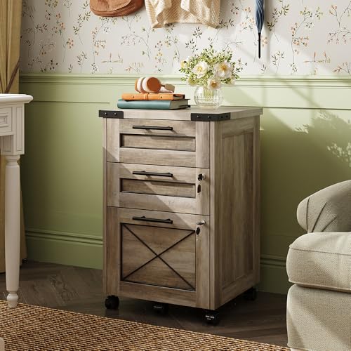 DEVAISE 3-Drawer File Cabinet with Hanging Files, Mobile Rolling Storage Cabinet for Home Office, Printer Stand, Farmhouse Style, Gray Oak - color: Gray Oak, style: 3 Drawer