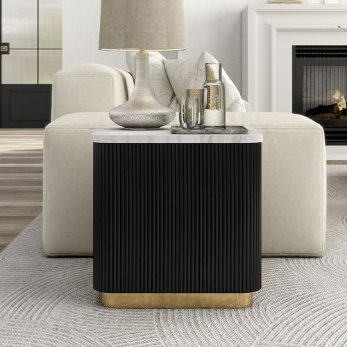 Furniture of America Beryl Modern Square White Genuine Marble Top End Table with Fluted Pedestal Base and Gold Stainless Steel Accent, Low Profile Table for Living Room, Home Office, Black - size: End Table, style: Square