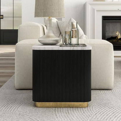 Furniture of America Beryl Modern Square White Genuine Marble Top End Table with Fluted Pedestal Base and Gold Stainless Steel Accent, Low Profile Table for Living Room, Home Office, Black - size: End Table, style: Square